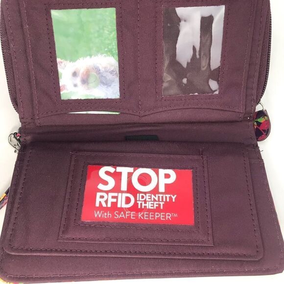 Mundi Burgundy Leaf Pattern Zip Safe Keeper Theft Protect Flap Wristlet Wallet - Picture 9 of 16